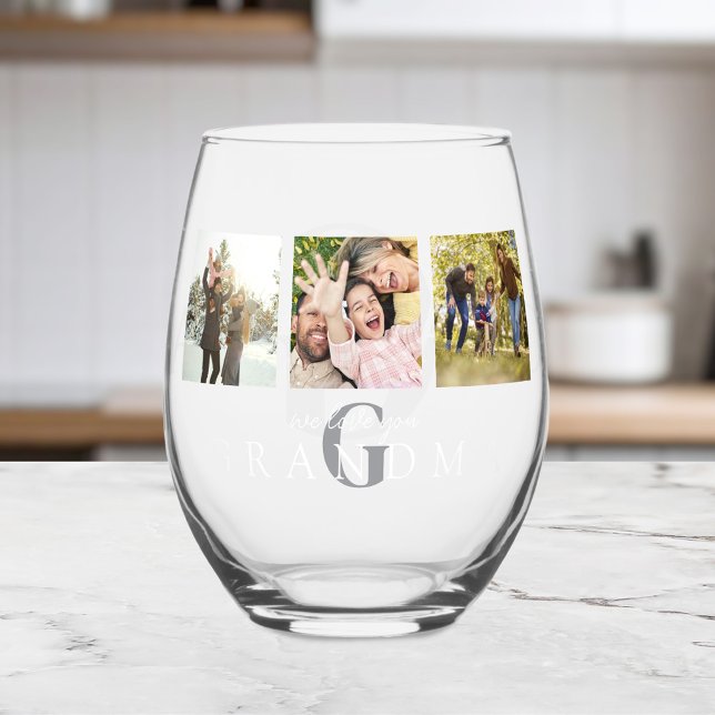 We Love You Grandma 3 Photo Personalized Monogram Stemless Wine Glass (Creator Uploaded)