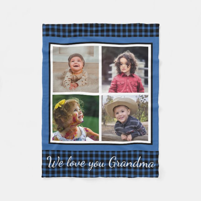We Love You Grandma 4 Photo Collage Blue  Plaid  Fleece Blanket (Front)