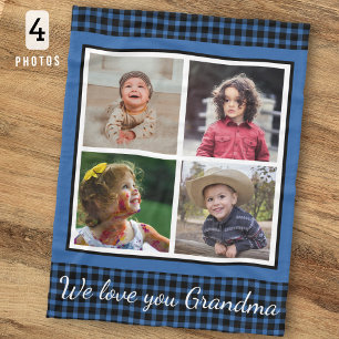 We Love You Grandma 4 Photo Collage Blue Plaid Fleece Blanket