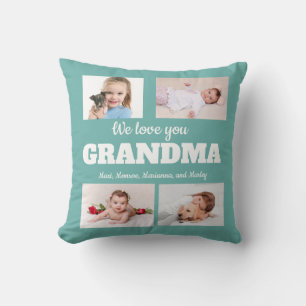 We Love you Grandma 4 Photo Teal Throw Pillow