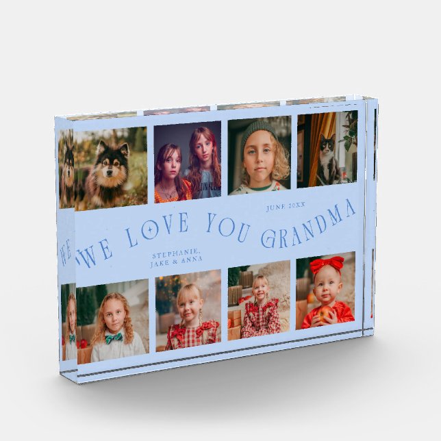 We Love You Grandma 8 Photo Grid Icy Blue Acrylic Award (Left)
