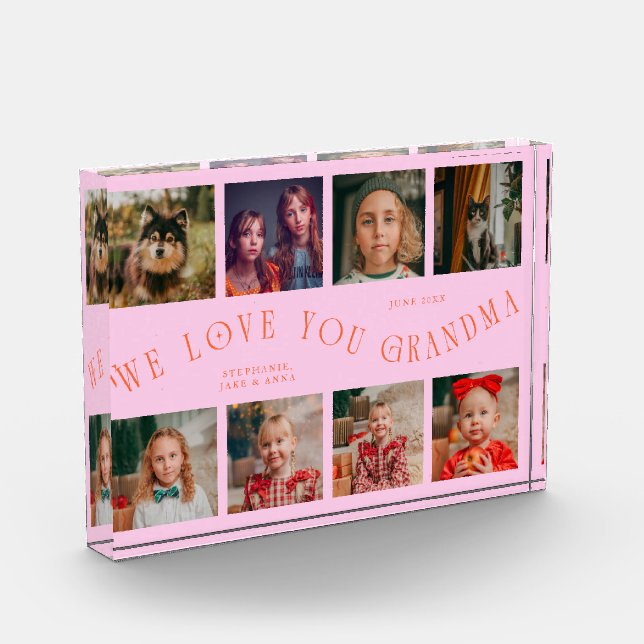 We Love You Grandma 8 Photo Grid Orange Pink Acrylic Award (Left)
