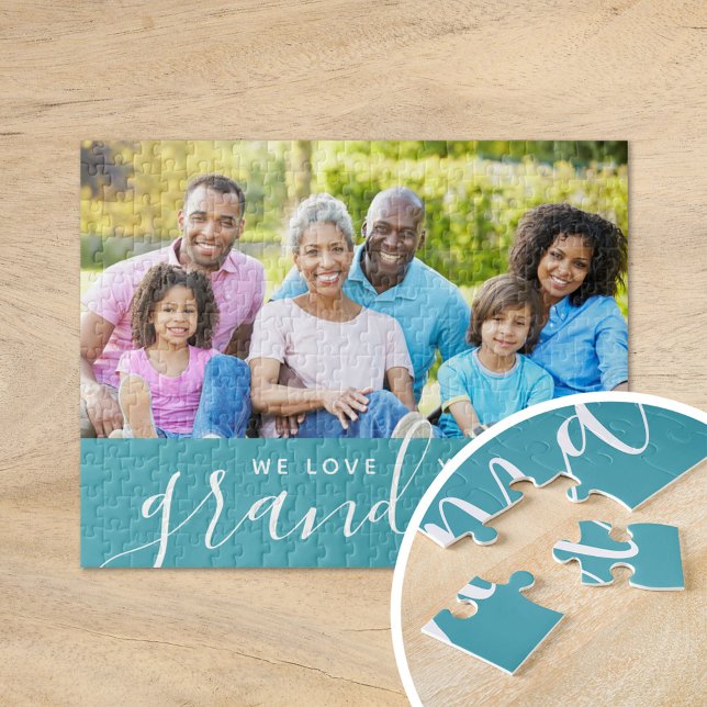 We Love You Grandma Custom Photo Gift | Aqua Jigsaw Puzzle (Creator Uploaded)