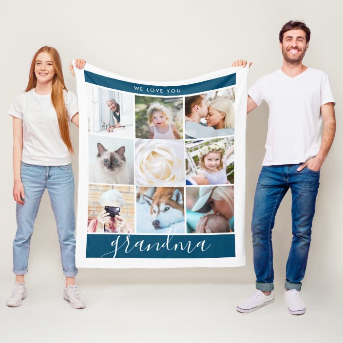 We Love You Grandma Custom Photo Gift Navy Blue Fleece Blanket | Zazzle.com