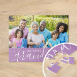 We Love You Grandma Custom Photo Gift | Purple Jigsaw Puzzle<br><div class="desc">Custom printed puzzles personalized with your photo and text. Add a special photo with your mother or grandmother for Mother's Day. Text reads "We Love You Grandma" or customize it with your own message. Use the design tools to add more photos, change the background color and edit the text fonts...</div>