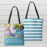 We Love You Grandma Custom Photo Mother's Day Gift Tote Bag<br><div class="desc">Custom 2-sided reversible tote bags personalized with your photos and text. Add a special photo with your mother or grandmother for Mother's Day. Text reads "We Love You Grandma" or customize it with your own message. Back side has a chic stripe pattern or use the space for additional photos and...</div>