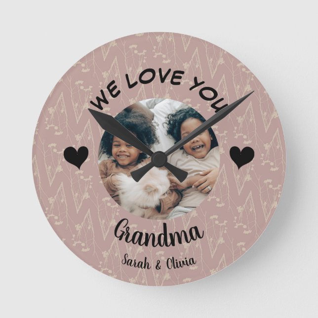 We love you Grandma custom photo & text keepsake Round Clock (Front)