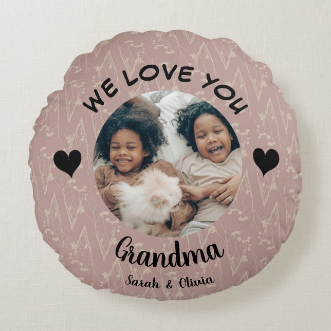 We love you Grandma custom photo & text keepsake Round Pillow (Front)