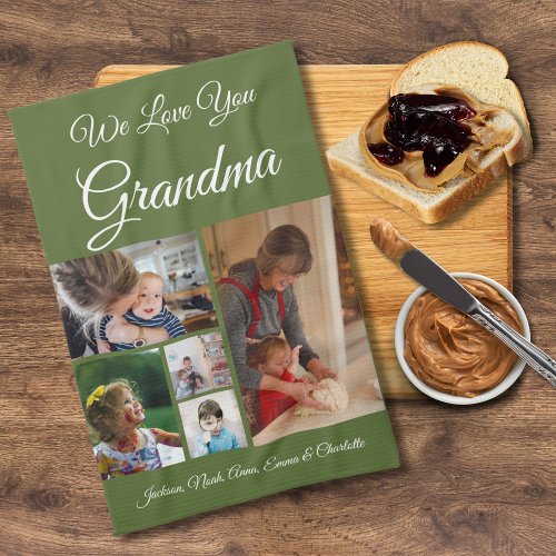 We Love You Grandma  Elegant Olive Green 5 Photo Kitchen Towel