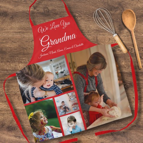 We Love You Grandma  Elegant Red 5 Photo Apron