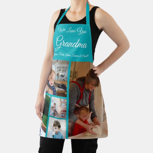 We Love You Grandma  Elegant Teal 5 Photo Apron