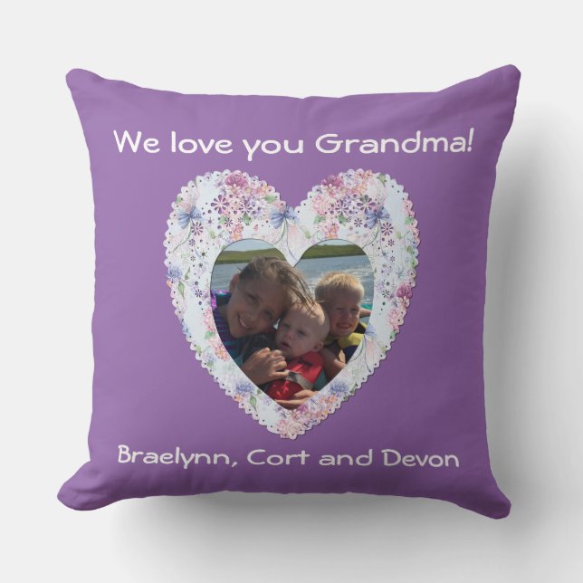 "We love you Grandma" floral heart shaped frame Throw Pillow (Front)