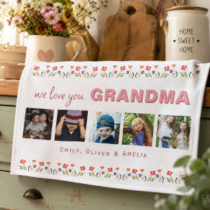 We love you Grandma Flowers 5 Photos Keepsake Kitchen Towel
