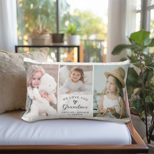 We Love You Grandma Grandkids Photo Collage Lumbar Pillow (Personalize with 3 favorite photos and your text.)