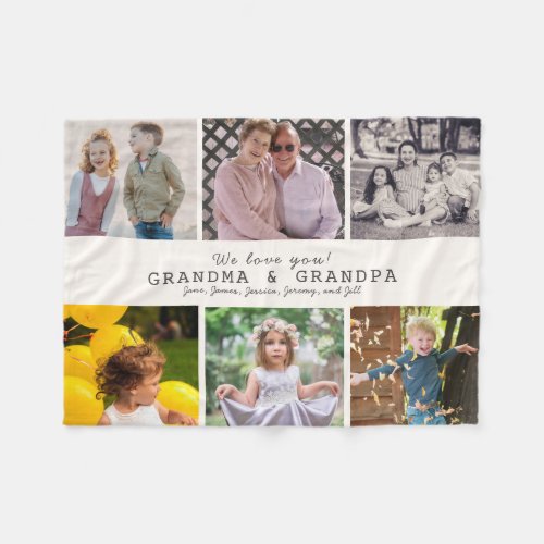 We Love You Grandma  Grandpa 6 Photo Cream White Fleece Blanket