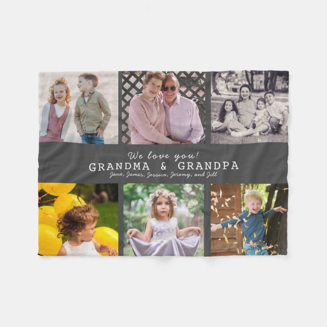 We Love You Grandma & Grandpa 6 Photo Dark Gray Fleece Blanket (Front (Horizontal))