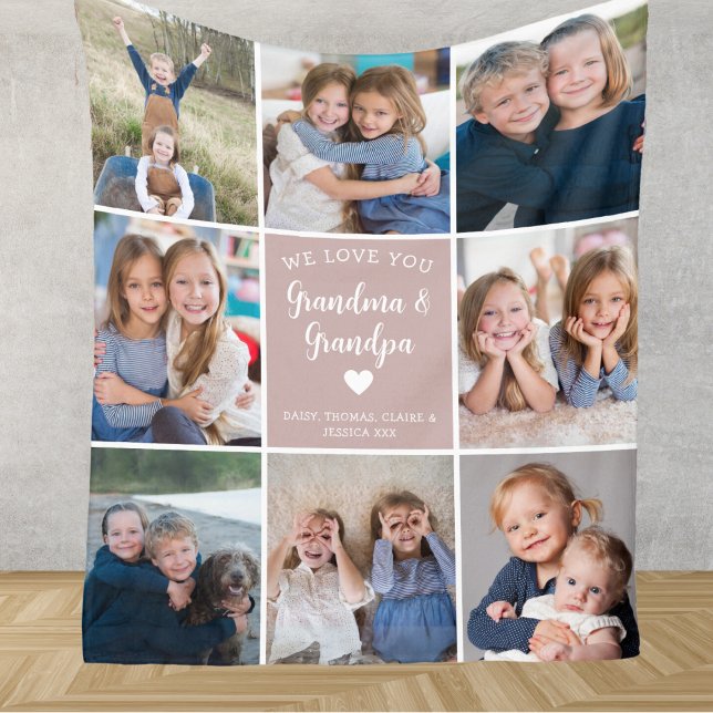 We Love You Grandma Grandpa Photo Collage Pink Fleece Blanket (Creator Uploaded)
