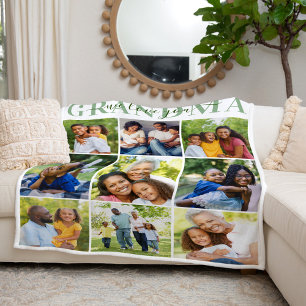 We Love You Grandma Green Photo Collage Fleece Blanket