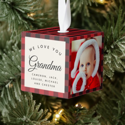 We Love You Grandma Modern Plaid Script 3 Photo Cube Ornament