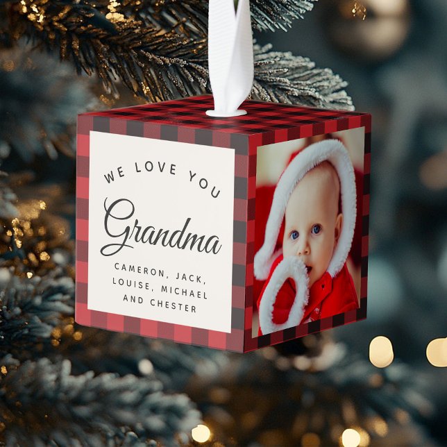 We Love You Grandma Modern Plaid Script 3 Photo Cube Ornament (Creator Uploaded)