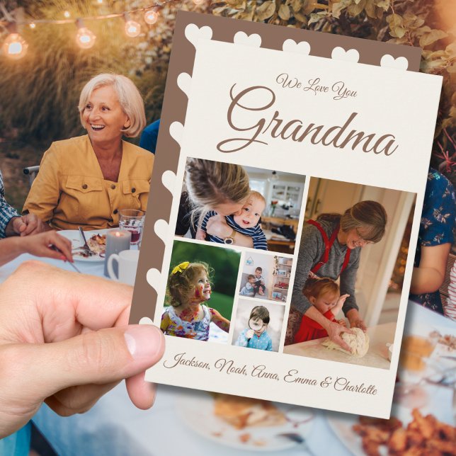 We Love You Grandma Off-White Brown 5 Photo Holiday Card (Creator Uploaded)