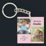 We Love You Grandma Personalized Photos Pink Keych Keychain<br><div class="desc">Celebrate Grandma with this fun pink keychain. You can add two photos of a grandchild or grandchildren, personalize the expression to "I Love You" or "We Love You, " and personalize whether she is called "Grandma, " "Nana, " "Mom Mom, " etc. You can also add the grandchild's or grandchildren's...</div>