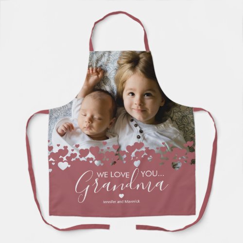 We Love You Grandma Photo Apron - Their is no better cook than grandma! Looking for a special gift for your grandmother, then this personalized apron is perfect featuring a precious family photo of the children, a modern cute heart border design, the saying "we love you grandma", and the grandchildrens names.