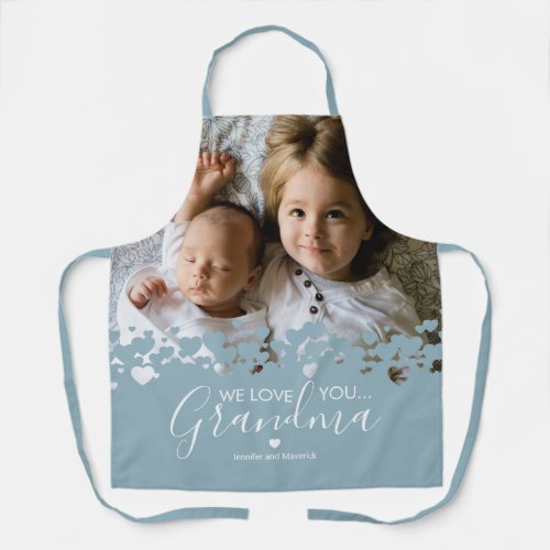 We Love You Grandma Photo Blue Apron - Their is no better cook than grandma! Looking for a special gift for your grandmother, then this personalized blue apron is perfect featuring a precious family photo of the children, a modern heart design, the saying "we love you grandma", and the grandchildrens names.