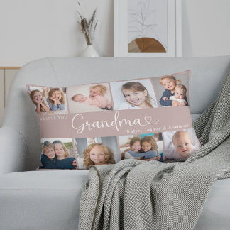 We Love You Grandma Photo Collage Heart Script Lumbar Pillow