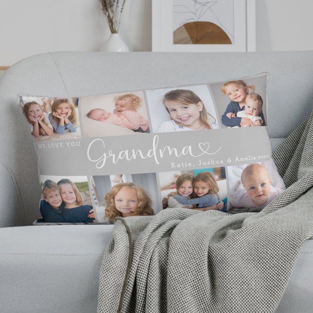 We Love You Grandma Photo Collage Heart Script Lumbar Pillow (Creator Uploaded)