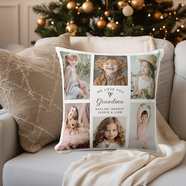 We Love You Grandma Photo Collage Keepsake Throw Pillow (Personalize with 6 favorite photos of the grandkids for a great gift idea!)