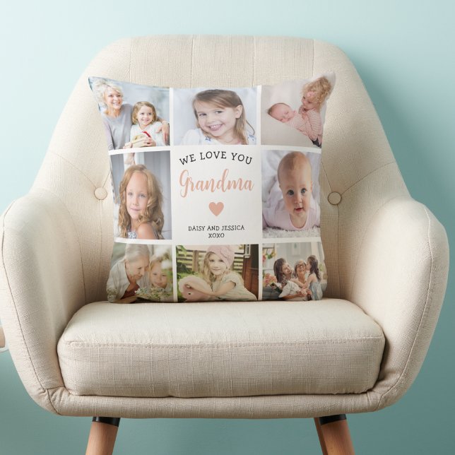We Love You Grandma Photo Collage Pink Heart Throw Pillow (Creator Uploaded)