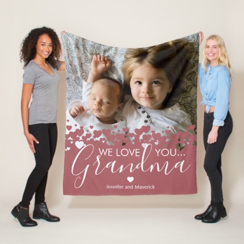 We Love You Grandma Photo Fleece Blanket - Cozy grandmother fleecy blanket featuring a precious family photo of the grandkids, a modern cute heart border design, the saying "we love you grandma", and the childrens names.