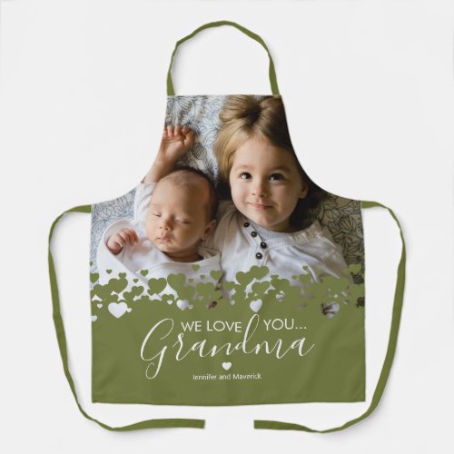 We Love You Grandma Photo Green Apron - Their is no better cook than grandma! Looking for a special gift for your grandmother, then this personalized apron is perfect featuring a precious family photo of the children, a modern green heart design, the saying "we love you grandma", and the grandchildrens names.