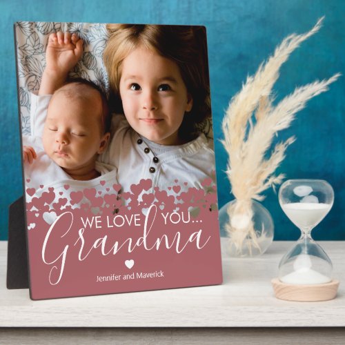 We Love You Grandma Photo Plaque - Personalized grandmother photo plaque featuring a precious family photo, a modern cute heart border design, the saying "we love you grandma", and the childrens names.