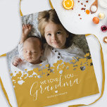 We Love You Grandma Photo Yellow Apron<br><div class="desc">Their is no better cook than grandma! Looking for a special gift for your grandmother,  then this personalized mustard yellow apron is perfect featuring a precious family photo of the children,  a trendy heart design,  the saying "we love you grandma",  and the grandchildrens names.</div>