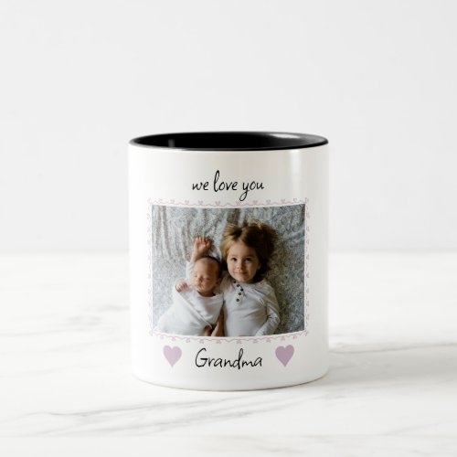 We Love You Grandma Pink Hearts Custom Photo Two_Tone Coffee Mug