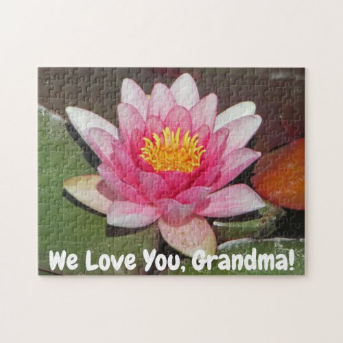 We Love You Grandma Pink Water Lily Flower Jigsaw Puzzle