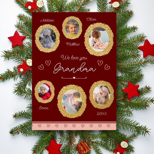 We Love You Grandma Six Photo with Hearts Gold Foil Holiday Card