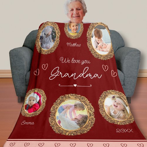 We Love You Grandma Six Photo with Text Red Heart Fleece Blanket