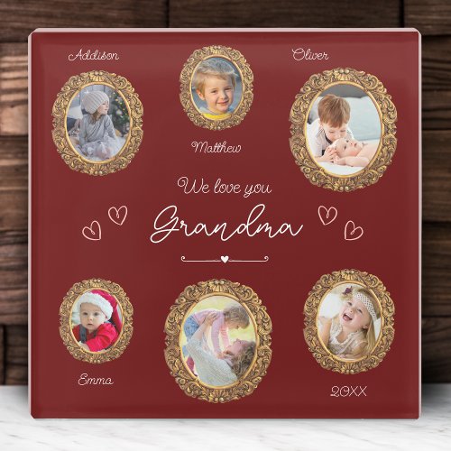 We Love You Grandma Six Photo with Text Red Heart Glass Coaster
