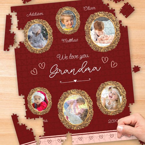 We Love You Grandma Six Photo with Text Red Heart Jigsaw Puzzle