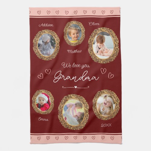 We Love You Grandma Six Photo with Text Red Heart Kitchen Towel