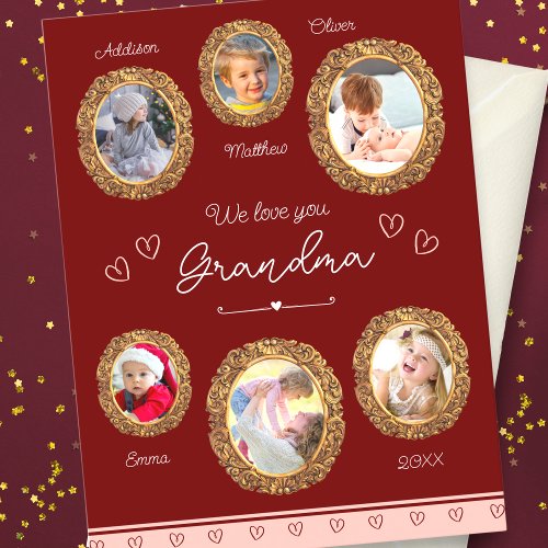 We Love You Grandma Six Photo with Text Red Heart Postcard