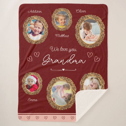 We Love You Grandma Six Photo with Text Red Heart Sherpa Blanket
