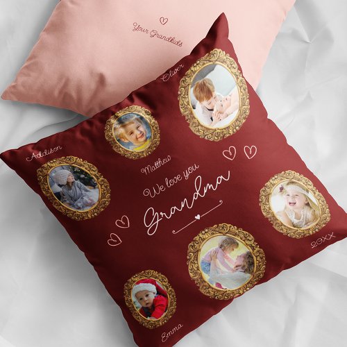 We Love You Grandma Six Photo with Text Red Heart Throw Pillow