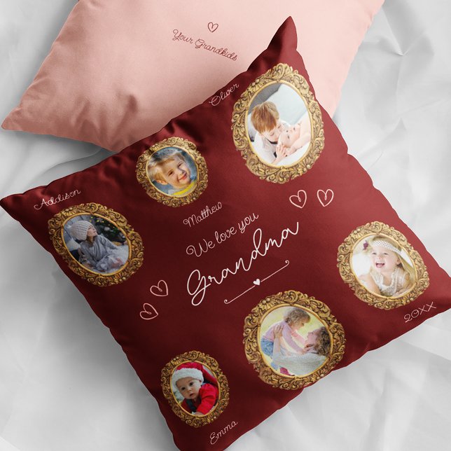 We Love You Grandma Six Photo with Text Red Heart Throw Pillow (Creator Uploaded)