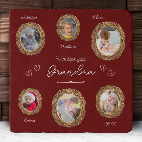 We Love You Grandma Six Photo with Text Red Heart Trivet