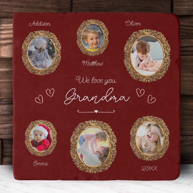 We Love You Grandma Six Photo with Text Red Heart Trivet (Creator Uploaded)