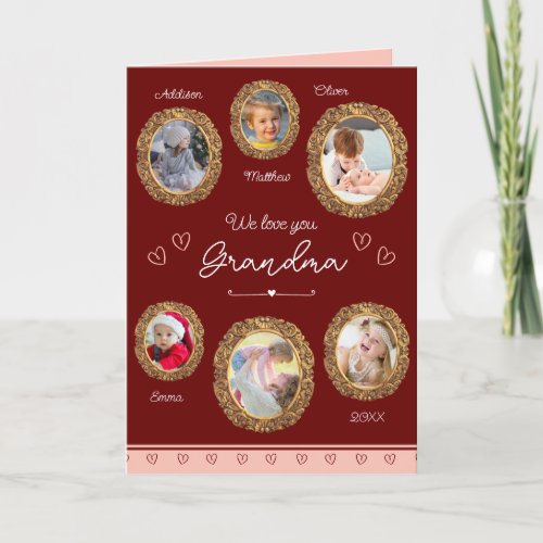 We Love You Grandma Six Photo with Text Red Holiday Card